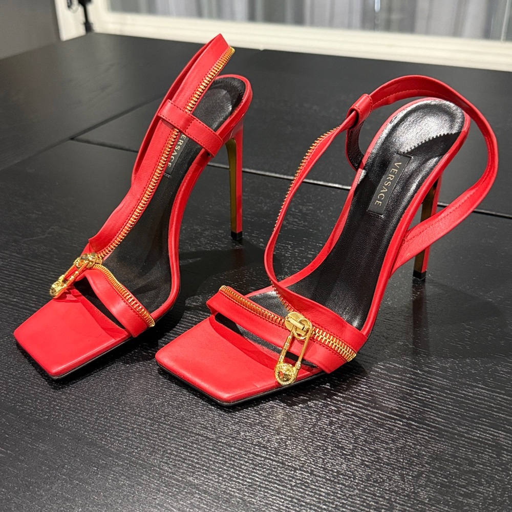Versace Red Leather Zip Detail Heels | Size 38 | Gold Hardware - Picture 5 of 13